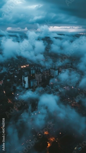 Fototapeta Aerial Panorama of City Lights and Clouds