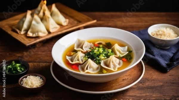 Fototapeta Minimalist Chic, Spicy Dumpling Broth with Accompanied Vegetables and Chopsticks