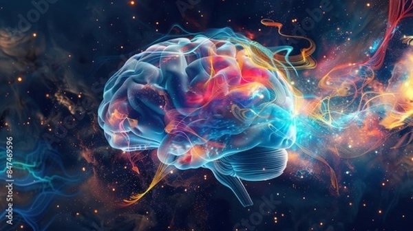 Fototapeta A background image of a brain with swirling thoughts depicted as colorful lines and abstract shapes against a dark space-themed backdrop