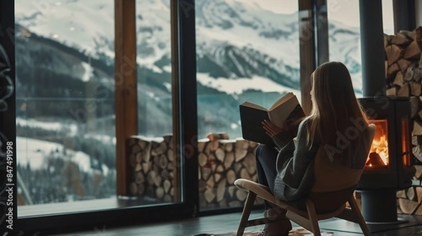 Fototapeta Beautiful stylish woman reading book on chair at fireplace with firewood on background of mountain hills Young female in casual clothes relaxing in modern chalet with amazing view from : Generative AI
