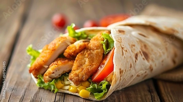 Fototapeta Chicken strips in a tortilla wrap on wood