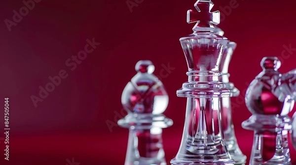 Obraz Close up of glass chess pieces maroon background
