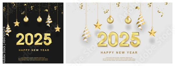 Obraz Happy new year 2025. with red ribbon on set square background