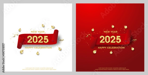 Fototapeta Happy new year 2025. with red ribbon on set background