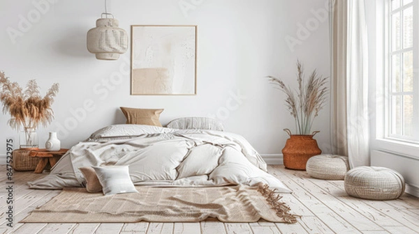 Fototapeta Minimalist bedroom in warm tone with minimal furniture, natural lighting and copy space. Interior design home composition.