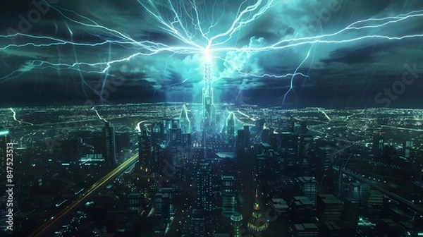 Fototapeta Lightning strikes the building in the city center.