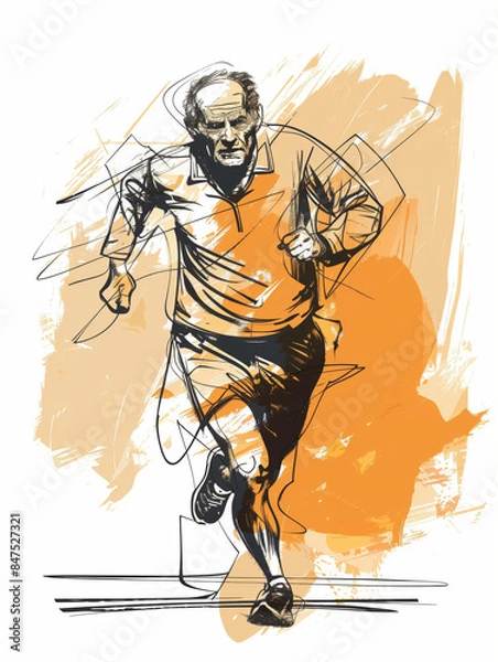 Fototapeta Old Marathon Runner Feeling Great in Sketch Style
