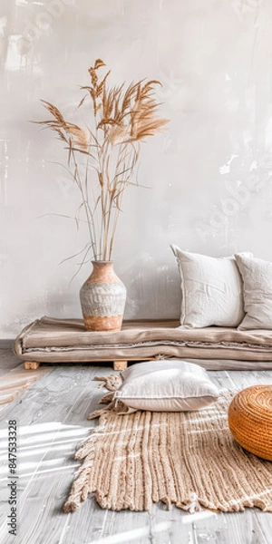 Fototapeta Minimalist zen interiors in warm tone with minimal furniture, natural lighting from a window and copy space. Interior design home composition.
