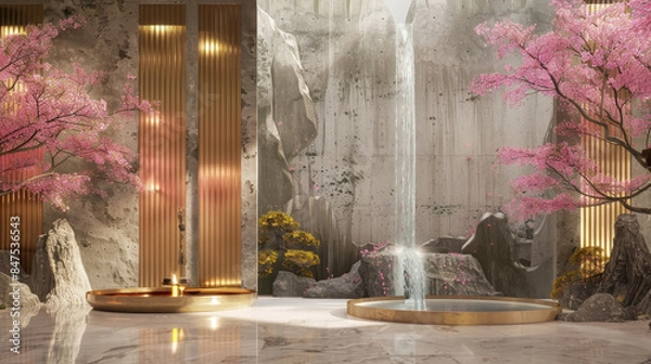 Fototapeta A room with a waterfall and pink cherry blossoms