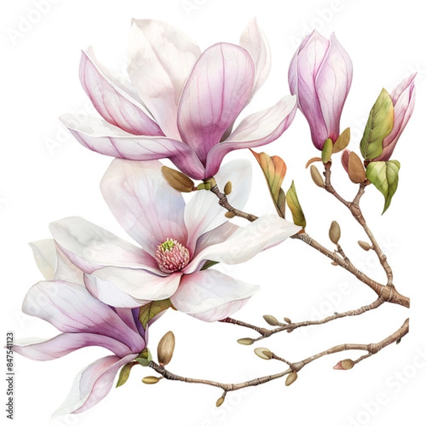 Fototapeta a magnolia clipart, floral element, watercolor illustration, white and pink, isolated on white background transparent background