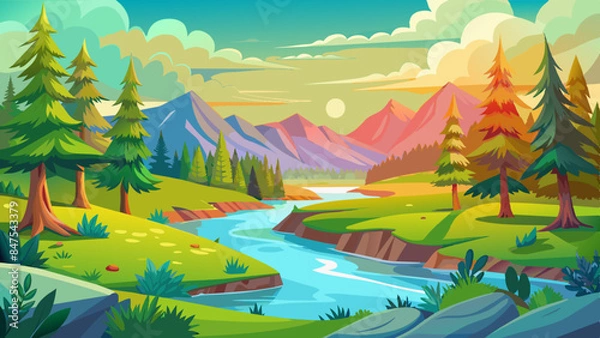Obraz beautiful summer landscape small river green mea vector illustration