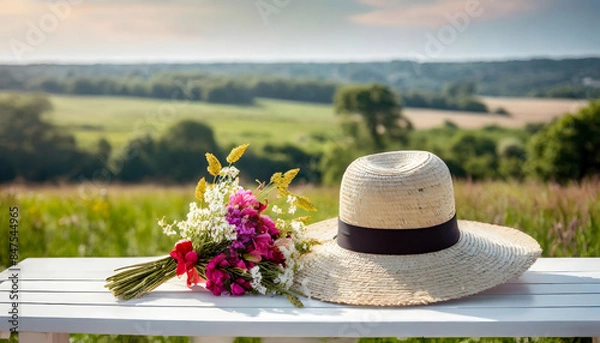 Fototapeta White table of free space and summer hat A white table with a stylish summer hat and a bouquet of flowers, set against a countryside background