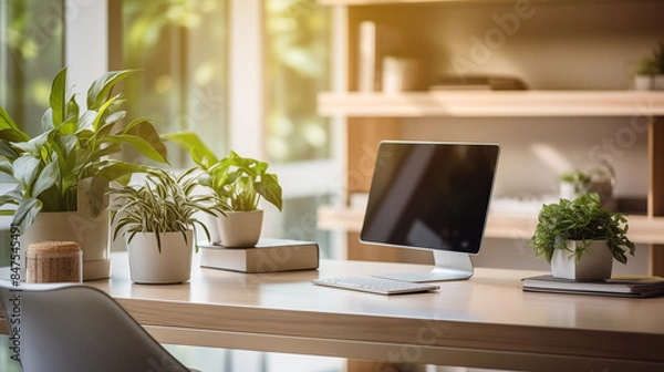 Obraz 	
Working space in the office. Laptop on the table, green plant and booking shelf on the background