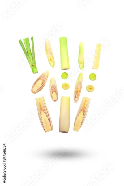 Obraz Flying lemongrass with slices isolated on white background , clipping path.