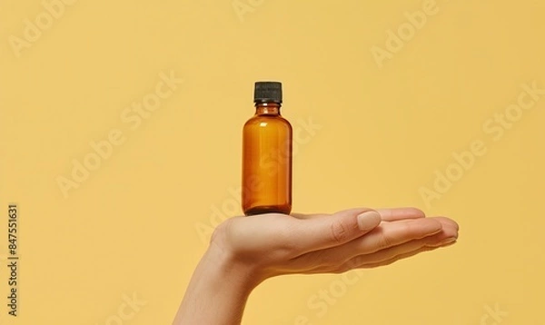 Obraz Hand showcasing a bottle of facial oil against a light yellow background, clean and minimal design, no text or branding