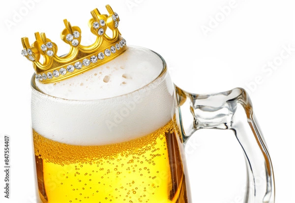 Fototapeta A glass mug of beer with a golden crown resting on the edge.