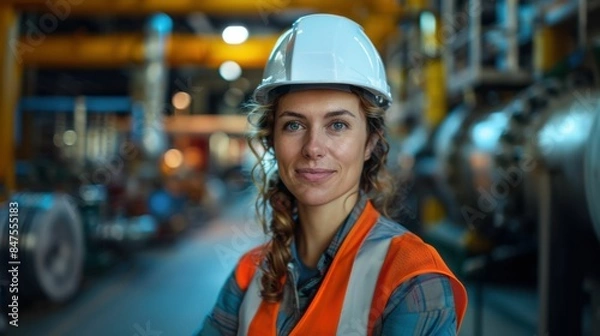 Fototapeta A woman wearing a hard hat and orange vest stands in front of a large industrial building. She has a smile on her face and she is happy
