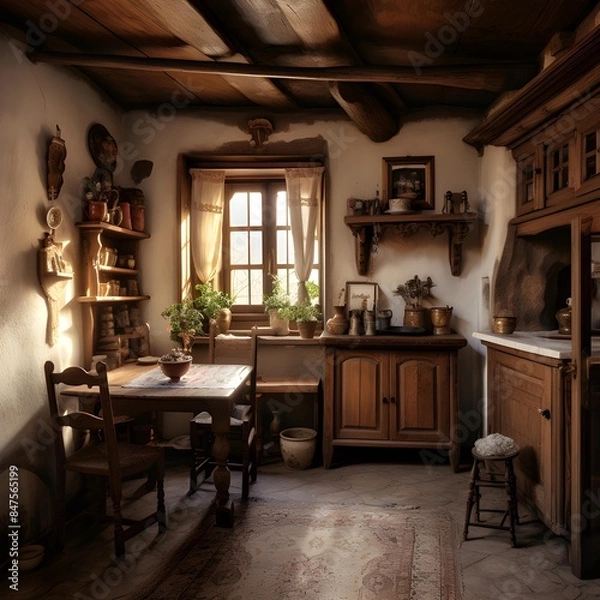 Obraz Warm and Inviting Rustic Kitchen with Wooden Table and Chairs, Rustic Kitchen Charm: Wooden Table and Chairs in a Cozy Setting, Rustic Kitchen with Wooden Table and Chairs, generative ai