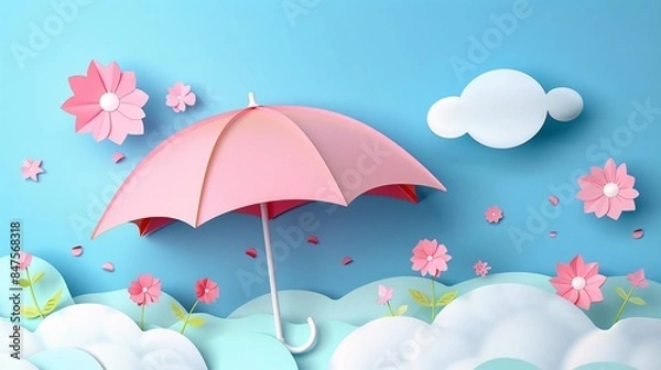 Fototapeta A captivating vector depiction of a cute umbrella, featuring a charming paper-cut design reminiscent of a fairytale scene, complete with softly shaded pastels and ample negative space for text