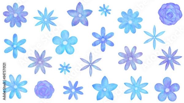 Fototapeta 青色系の花のイラストセット