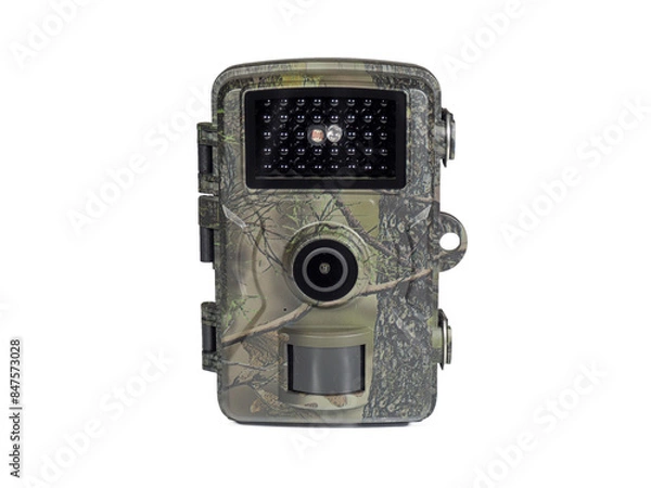 Obraz Hunting trail camera isolated on a white background. Outdoor wildlife surveillance camera with motion detector. Nature protection and monitoring
