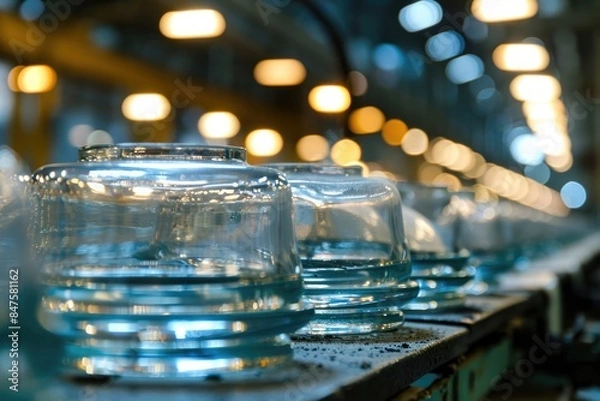 Fototapeta Glass electrical insulators in stock of the manufacturer's plant. Stacks of high voltage equipment for power plants.