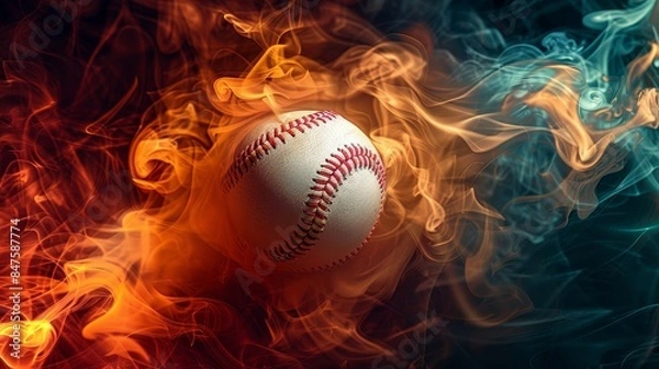 Fototapeta White baseball ball surrounded by swirling multicolored red and gold smoke, set against a dark background, creating a dramatic effect