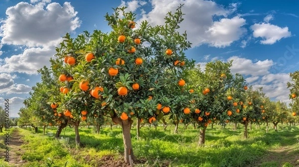 Fototapeta Lush orange orchard with vibrant fruit, sunny sky and fluffy clouds. Ideal for agricultural and nature-themed projects, showcasing fruit growth under perfect weather conditions. Style: Realistic. AI