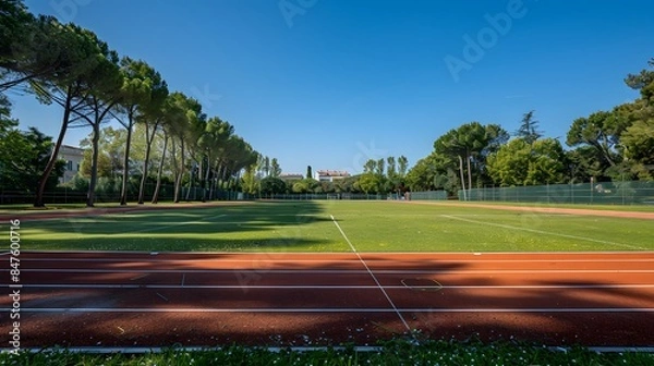 Fototapeta Photo of an outdoor running track in France, with a red surface and white lines. A green grass field lines the sides of the track.