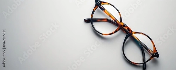 Fototapeta A pair of glasses with a brown frame sits on a white background