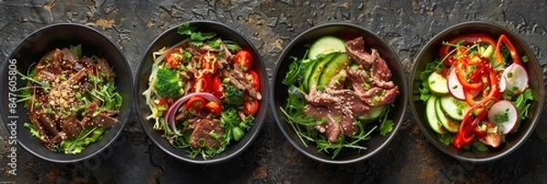 Fototapeta Spicy Salads Set, Salat Collection with Beef Meat and Vegetables Salats Top View, Restaurant Buffet Menu