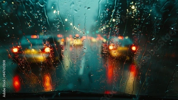 Fototapeta Blurred windshield in rain, poor visibility with heavy downpour, capturing the intensity and challenge of driving in stormy weather