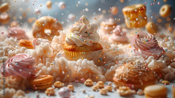 Fototapeta A vibrant 3D scene with cakes and breads twisting and turning in a playful anti-gravity display, surrounded by swirling ribbons of frosting and colorful sprinkles.
