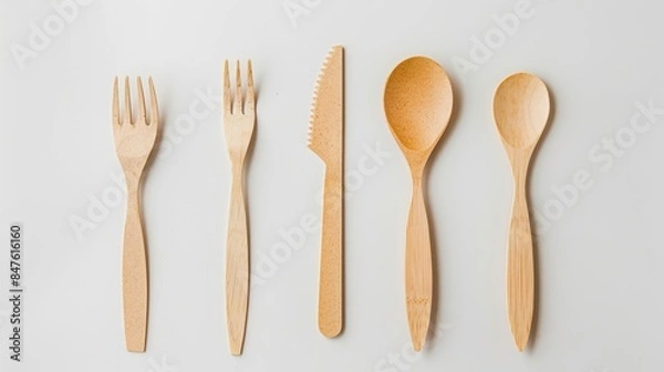 Fototapeta Biodegradable cutlery set made from cornstarch, ideal for reducing single use plastic, isolated on a white background