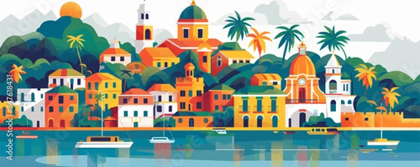 Fototapeta Souvenir magnet postcard on a white background. Vector flat minimalistic isolated illustration