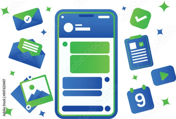 Fototapeta Illustration of hand holding smart phone with text messaging screen with Gradient Modern style 