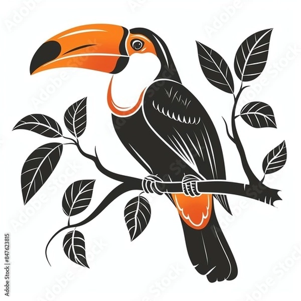 Fototapeta A toucan clipart, bird element, vector illustration, black and orange, isolated on white background