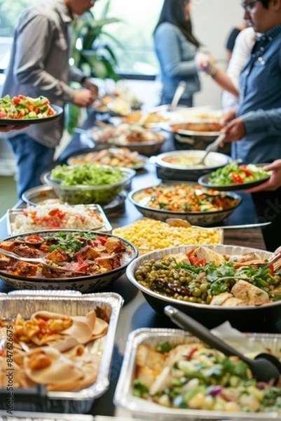 Fototapeta Professional Photography of an office potluck where employees share dishes from their diverse cultural backgrounds, fostering, Generative AI