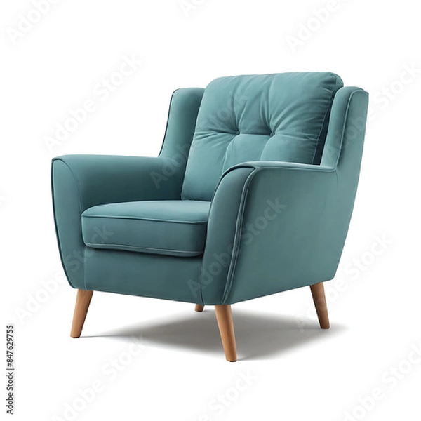 Obraz Stylish teal velvet armchair with tufted back and wooden legs. Perfect for modern or retro-inspired living spaces.
