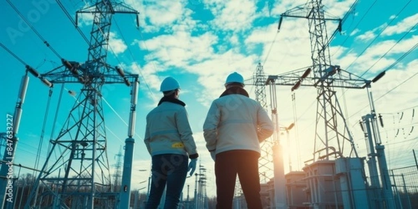Obraz Two engineers wearing safety vests, hard hats stand in front of a high-voltage electrical substation. tall electricity pylons and power lines at blue sky background. industrial work and teamwork