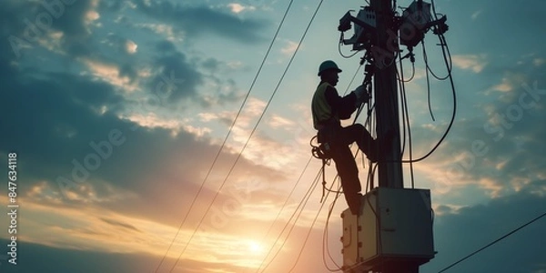 Obraz silhouette of electrical worker climbs a utility pole during a vibrant sunset. maintaining the power grid with evening sky background