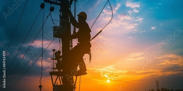 Obraz silhouette of electrical worker climbs a utility pole during a vibrant sunset. maintaining the power grid with evening sky background