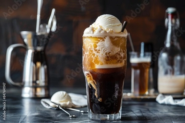 Fototapeta Cold root beer float with vanilla ice cream on an bar background