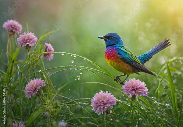 Obraz bird on a branch weed flowers