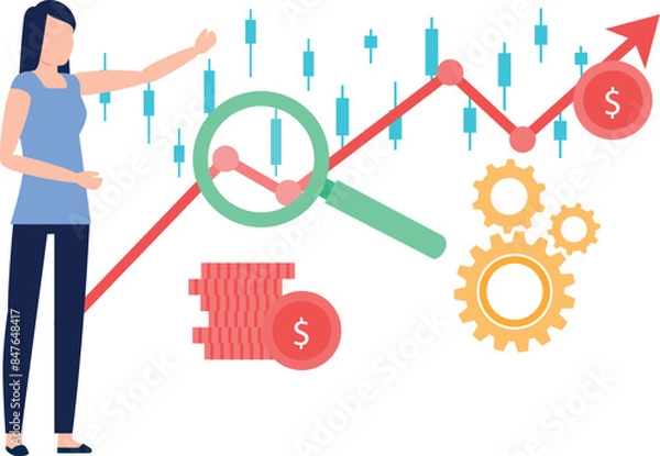 Fototapeta The girl is pointing at the finance graph.