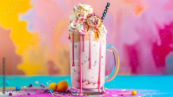 Obraz Extreme milkshake or freak shake isolated on colorful background