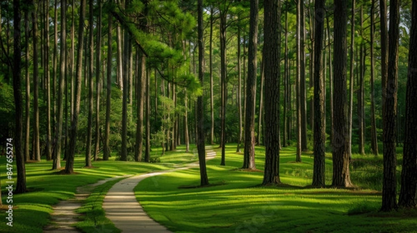 Fototapeta A green park with pine trees is full of tall trees. A path with curves goes through the park, so people can walk and enjoy the peace and quiet of the forest.