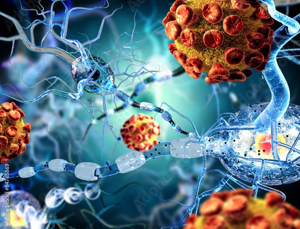 Fototapeta Ilustracja 3D komórek nerwowych, koncepcja chorób neurologicznych, guzów i operacji mózgu.