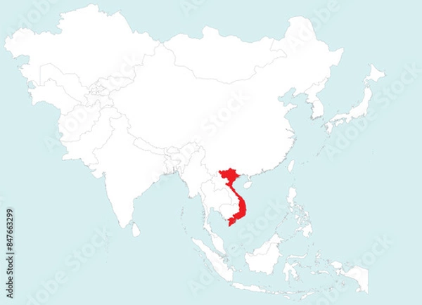 Fototapeta Highlighted red map of VIETNAM inside white detailed blank political map of Asia on blue background, without the Middle East and Russia