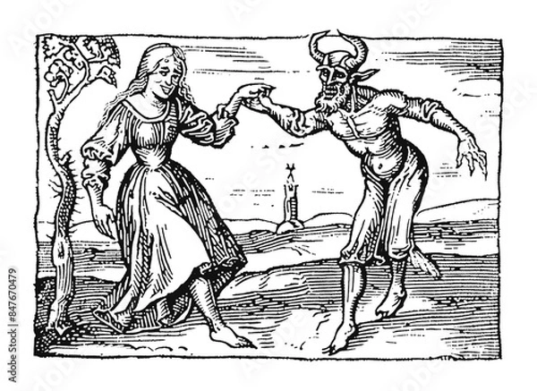 Fototapeta Woodcut illustration of a woman dacing with a demon. Vintage grunge vector design element for artworks, poster, cards, web and collages.